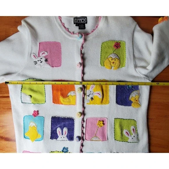 Read Berek Easter Bunny Chicks Flowers Spring Sweater 1XL Whimsical Novelty - Picture 11 of 13
